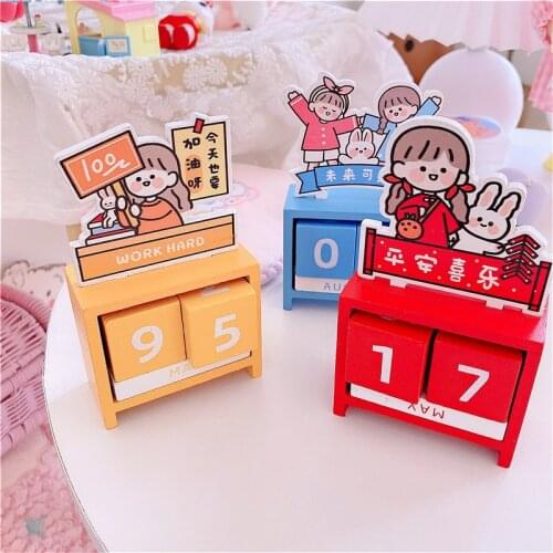Creative cartoon girl Vintage Wooden Perpetual Calendar Month Date Props Desktop Accessories Home Office Decoration