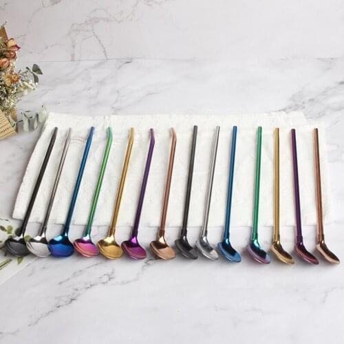 50 Packs Spoon Straws Stirrer Stainless Steel Metal Coffee Spoon Reusable Drinking Ice Tea Spoon With Straw For Sangria Fruits
