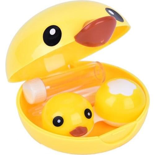 Cute Little Yellow Duck Contact Lenses Box with Mirror Portable Pocket Contact Lens Case for Women Travel Kit Holder