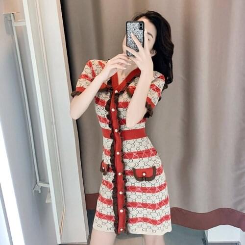 Summer short sleeve mini dress women patchwork color stripes fashion knitted dress v-neck single breasted ruffle sweater vestido