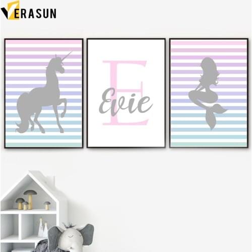 Cartoon Unicorn Mermaid Custom Name Wall Art Canvas Painting Nordic Posters And Prints Animal Wall Pictures For Kids Room Decor