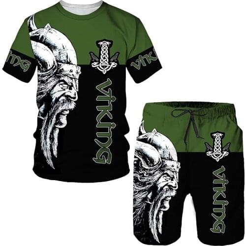 2021 Summer Viking 3d Printed Mens T-shirt + Shorts Suit Mens Sportswear Sportswear O-neck Casual Short-sleeved Boy Suit