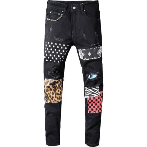 Richkeda Store New 2021 Mens Rivets Stars Printed Patchwork Black Jeans Trendy Streetwear Slim Fit Stretch Denim Pencil