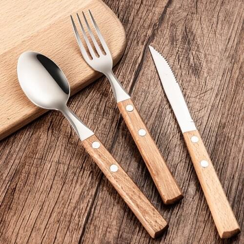 Creative Table Cutlery Stainless Steel Knife Fork Spoon Dinnerware Wooden Handle Tableware Set Flatware Set Kitchen Device Sets