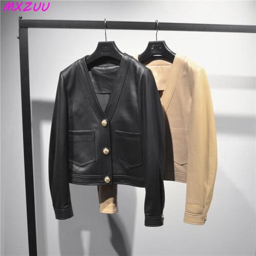 New Spring Autumn Women Couro Genuíno Jaqueta Female Sheepskin Jackets V Neck Short Fashion Trend Chaquetas Casacas Para Mujer