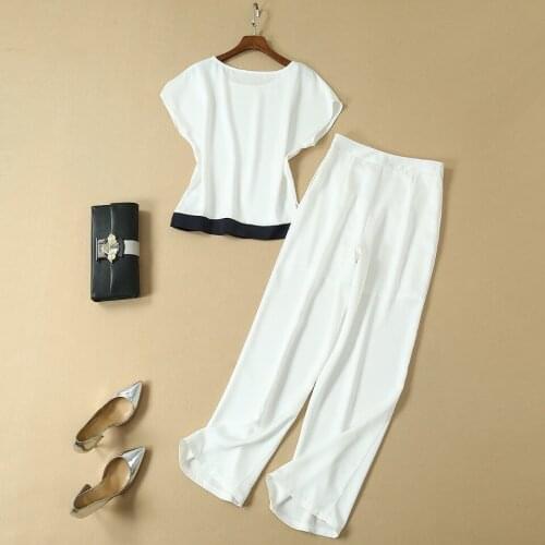 2020 European and American summer new womens Princess same round neck short sleeve top + straight trousers set