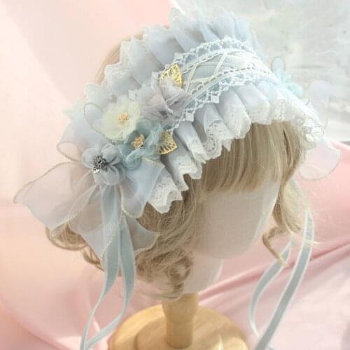Original custom Sweet Handmade Gray blue lolita Headband Tea Party Elegant Flower Lace Ribbon Mori Girl simple Headwear Props