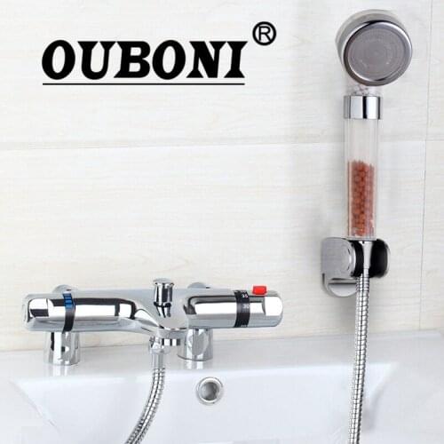 OUBONI Wall Mounted Thermostatic Faucets Chrome Bathtub Sink Thermostatic Mixer Taps Basin Faucet Set Cold & Hot Mixer