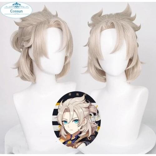 Anime Genshin Impact Albedo Cosplay Wig Short Linen Gold Heat Resistant Synthetic Hair Wig + Wig Cap