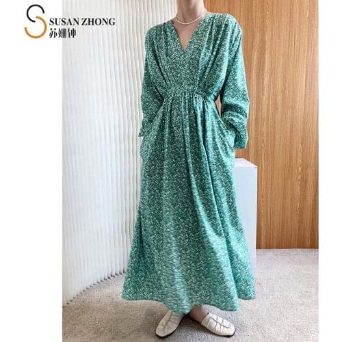Women Summer Dress Long Sleeve Lantern Female One-Piece Floral Flower Print X-Line Wrap Chiffon V-Neck Romantic Bohemia Vintage