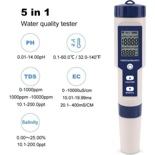 Professional Digital Water Tester 5 1ph tester digital Salinity/Temperature Tester Pen Multi-Function water quality monitor