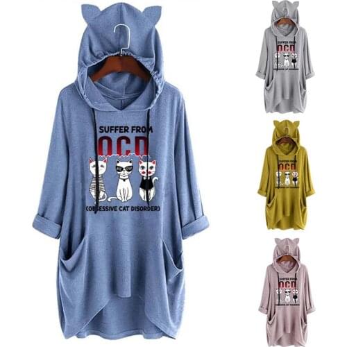 S-5XL Oversized Hoodie Fashion Women Kawaii Cat print Camouflage Casual Top T Shirt Ladies Loose Long Sleeve Top Blouse 2020