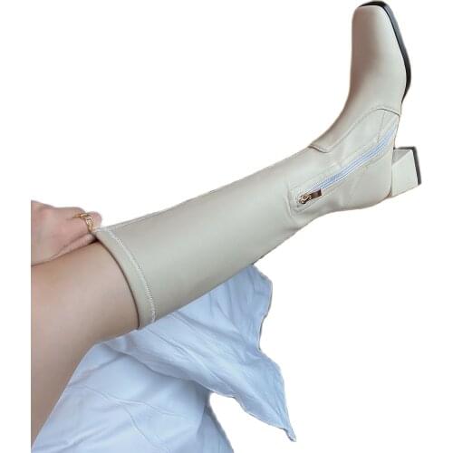 Winter For Woman New Fashion Sexy Shoes Square toe Boots Beige Zipper Block heels Knee high boots 32-46