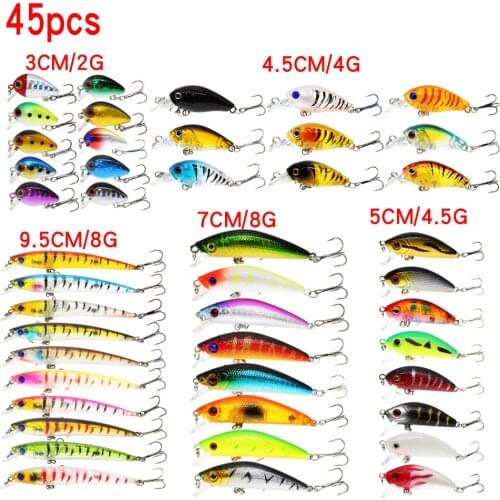 Mixed Fishing Lure Kits 45pcs Crankbait Minnow Popper VIB Lure Bass Baits wobbler Set Lifelike Fake Fishing bait Tackle
