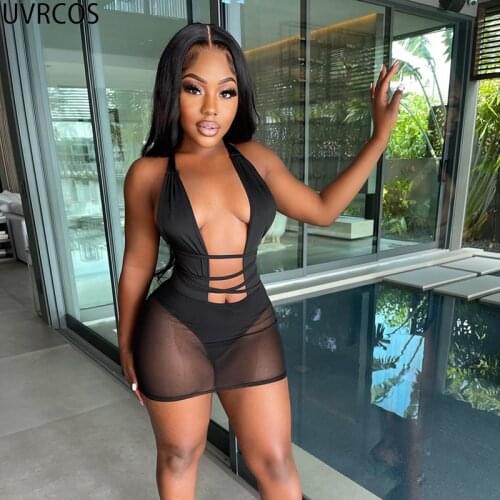 UVRCOS Stylish Women Clothing Summer Women Dresses See Through Mesh Patchwork Halter Sleeveless Sexy Cleavage Slim Bandage Dress