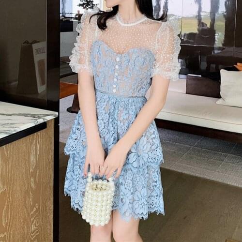Vintage Blue Lace Dresses Woman 2021 Summer High Waist Mini Vestidos Lady Runway Self Elegant Party Ridesmaid Dress Woman