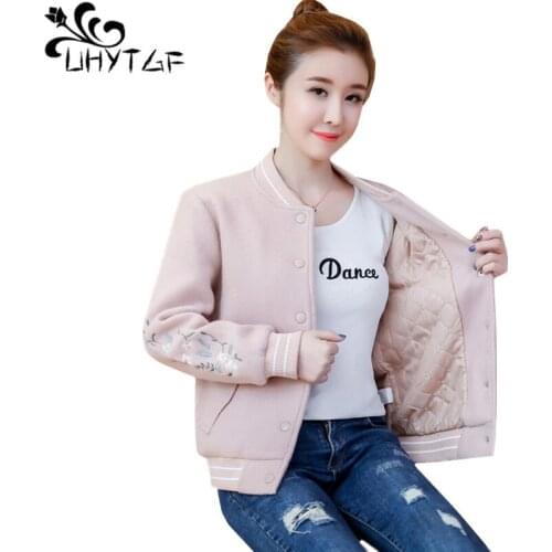 UHYTGF Spring autumn jacket womens Fashion embroidered short Woolen outerwear loose plus size Woolen jacket casacos feminino 507