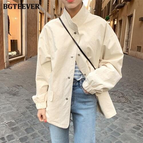 BGTEEVER Casual Stand Collar Long Sleeve Women Basic Jacket Single-breasted Loose Cotton Female Outwear Tops 2020 Autumn