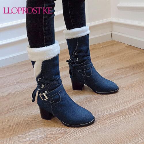 Lloprost ke Large Size 34-48 Women Denim Blue Boots Buckle Faux Fur Chunky High Heels Jean Mid Calf Boots 2020 Shoes Cross tied