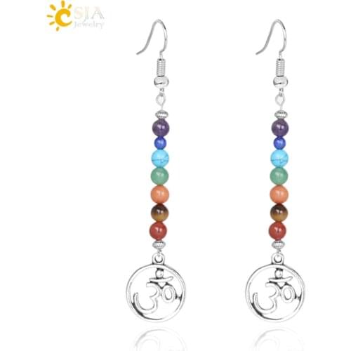 CSJA Vintage 7 Chakra 3D Long Fringed Statement Drop Earrings for Women Natural Stones Round Beads Reiki Healing Jewelry E708