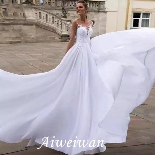 A-Line Wedding Dresses V Neck Floor Length Chiffon Lace Sleeveless Romantic Sexy with Appliques 2021