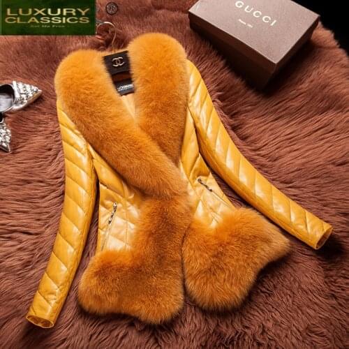 Natural Womens Winter Sheepskin Coat Female Real Fox Fur Collar Genuine Leather Duck Down Jacket Women Clothes 2021 T322