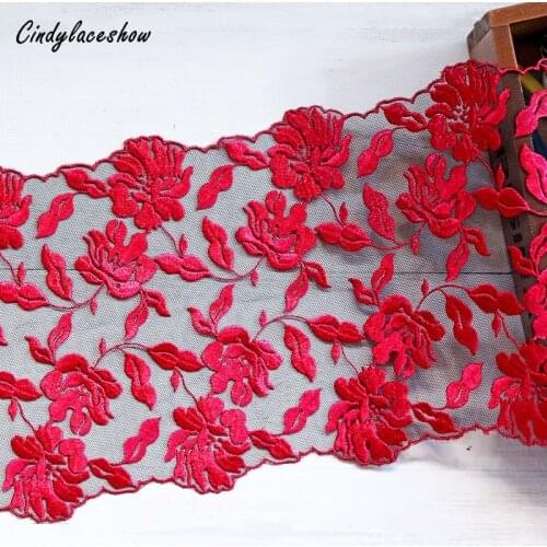 1 Meter 22 CM Width Red Flower Embroidered Lace Trim Black Mesh Costume Decorative Lingerie Bra Trimmings Dress Fabric DIY Craft