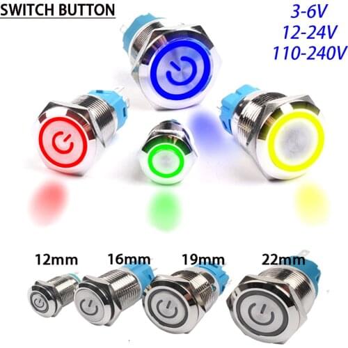 12/16/19/22mm Metal Push Button Switch Power Button Waterproof Flat Circular Button LED light Self-Lock Button 5 5v 12v 24v 220v