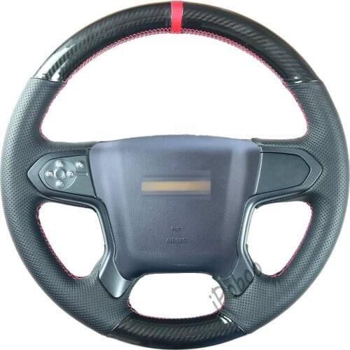 Black Hole Leather & Carbon Fiber Accessories Steering Wheel Cover Hand-Stitch on Wrap Fit for GMC Yukon XL 2014-19 Chevy Tahoe