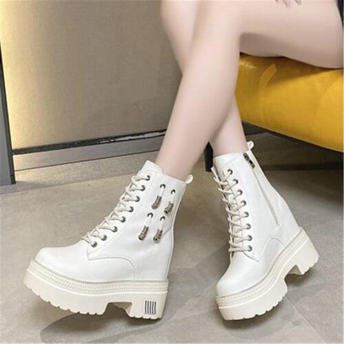 Womens Ankle Boots Autumn Winter Leather Shoes Female Platform Height Increased Sneakers 10CM Thick Sole Wedges Motorcycle Shoe