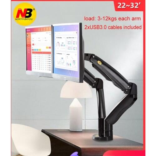 Aluminum Alloy 22-32 inch Dual Monitor Mount Gas Spring Arm Full Motion Monitor Holder Support with 2 USB Ports 3-12kgs NB F195A