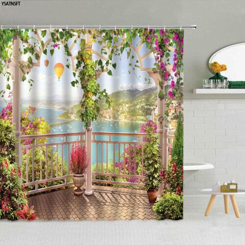 European Small Town Landscape Shower Curtain Mountain Ocean Plant Flower Forest Bathroom Supplies Cloth Home Decor Curtains Set