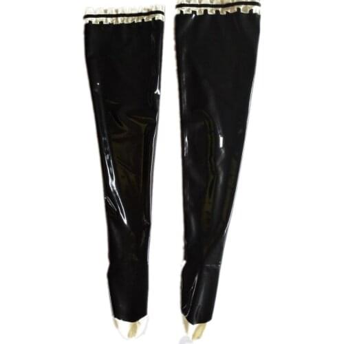 Made of 0.4mm thickness womens black latex stockings with white ruffles decorations