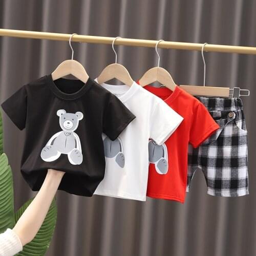 2021 Infant Boy Summer Fashion Clothing Set Baby Girl Casual Clothes Kids Cotton Cartoon T-shirt+plaid Shorts 2 Pieces Suits