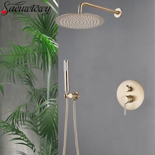 Brushed Gold Shower Tap Brass Rain Concealed Faucet Shower Head Water Shower Faucet Bathroom Faucet Wall-Mounted Round Shap