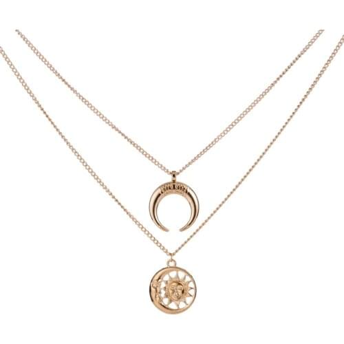 Multi-Layer Disc Horn Necklace Pendant Vintage Clavicle Chain Half Moon Sun Pendant Necklace Choker for Women Girls