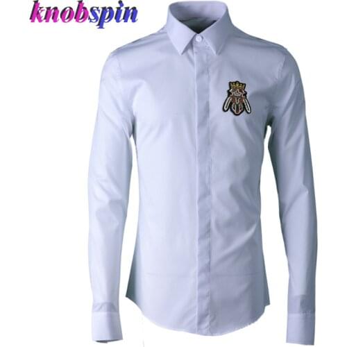 Crown Bee Embroidery Shirt men 2019 Brand quality pure Cotton Full sleeve Slim Business male dress Shirts Plus size M-4XL