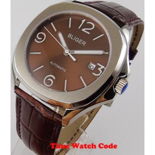 Bliger 40mm Square Automatic Mens Wristwatch Coffee Dial Miyota 8215 Sapphire glass Date window polished bezel Mechanical watch