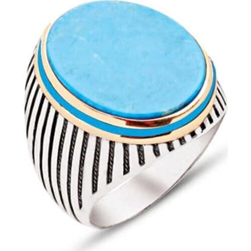 Silver Turquoise Stone Sides Enamel Embellished Stripe Case Men 'S Ring