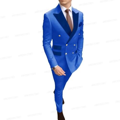 Newest Mens Wedding Suits Double Breasted Royal Blue Fashion Blue Velvet Lapel Blazer Pants 2 Piece Set Groom Dress Tuxedo Slim
