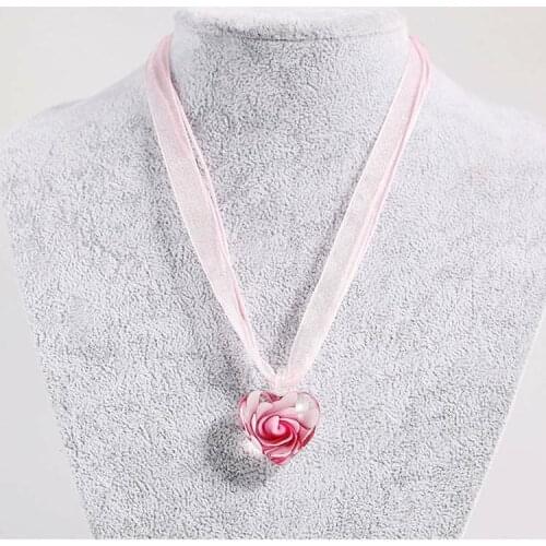 Lovely Black Pink Love Heart Silk Bring With Spiral Flowers Ribbon Glass Pendant Necklace Jewelry for Women Romantic Gift