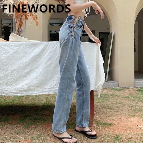 FINEWORDS Vintage Chain Side Cross Bandage Sexy Jeans Korean Casual Straight Jeans Full Length Loose Wide Leg Blue Denim Pants