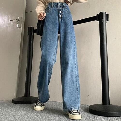 Womens pants Casual Women High Waist Button Wide Leg Trousers Pockets Solid Color Pants Jeans female pants