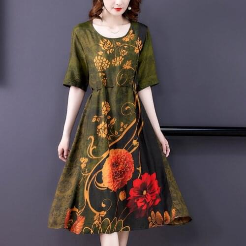 2021 Vintage Casual 4XL Plus Size Midi Sundress Summer Boho Floral Mulberry Silk Beach Dress Women Elegant Bodycon Party Vestido