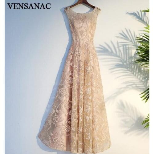 VENSANAC 2018 O Neck Lace Appliques A Line Long Evening Dresses Elegant Party Sleeveless Zipper Back Prom Gowns