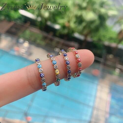 10PCS, Colorful Enamel Eye Shape Adjustable Ring, Gold Color Zircon Turkish Eye Open Ring Statement Jewelry