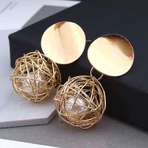 2021 New Retro Geometric Simple Woven Ball Imitation Pearl Metal Earrings Female Jewelry Wholesale