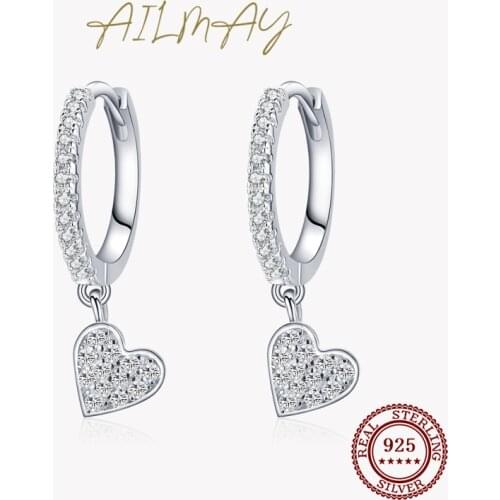 Ailmay 2021 New Arrival 925 Sterling Silver Heart Drop Earrings with Charm for Women Wedding Engagement Statement Luxury Jewelry
