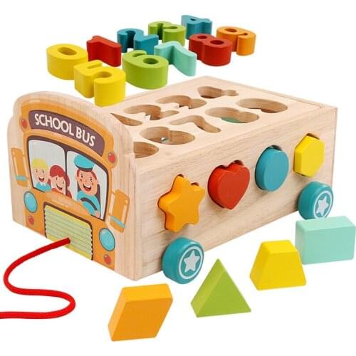 Kids Wooden Drag Car Toys Geometric Shape Building Blocks Matching Toys Assembly School Bus Early Education Puzzle Toys