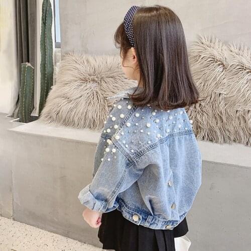 Girls Denim Jacket Beaded Coats Kids Vintage Long Sleeve Europe and America Style Coat Little Girls Design Tops Baby Outwear